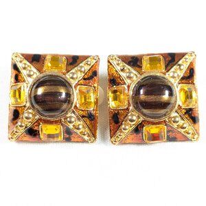 Large vintage clip earrings, 1980s opulent gold toned costume jewelry earrings